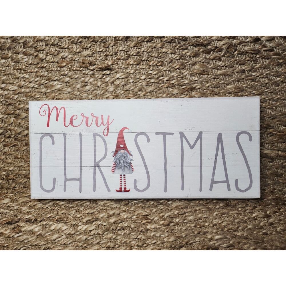 Merry Christmas Wooden Gnome Sign Wall Shelf Holiday Decor White Sixtrees